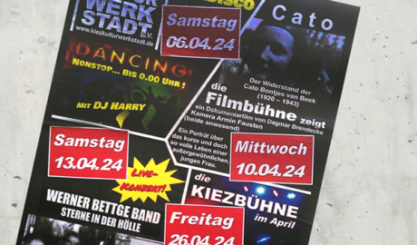 Kiezkulturwerkstatt Veranstaltungsposter für den April 2024